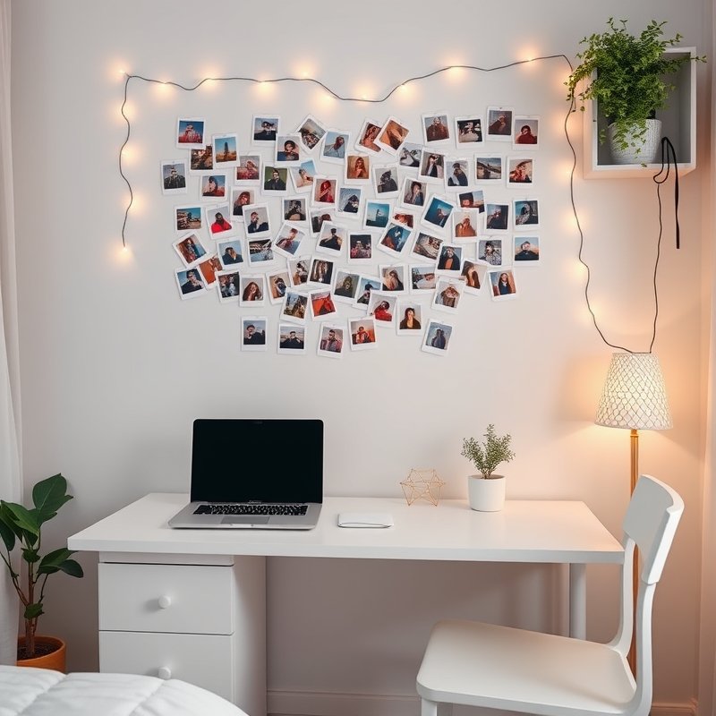 21 Teen Girl Bedroom Ideas 2026 That Create a Cute, Aesthetic, and Trendy Dream Room You’ll Love These 7 Instax photo collage in heart shape above a white desk in a teen bedroom