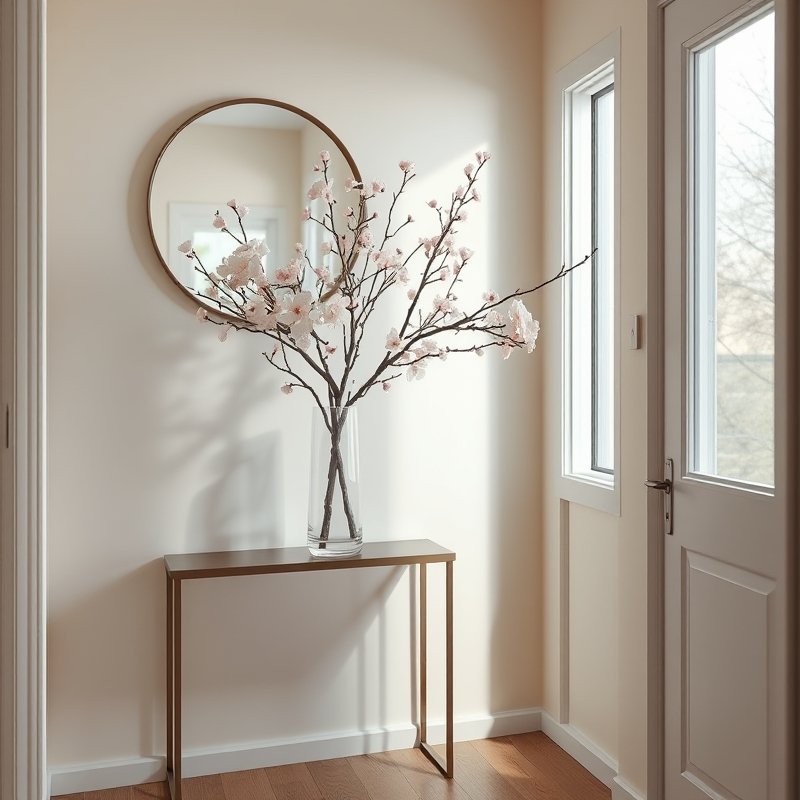 tall glass vase holding a faux cherry blossom branch on a console table