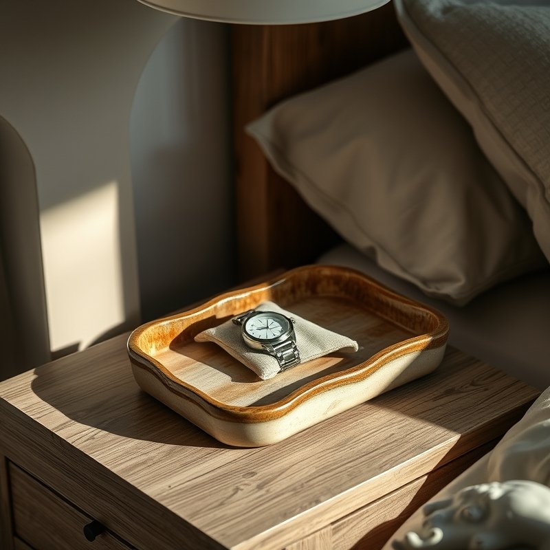 21 Japandi Bedroom Ideas That Blend Minimalist Calm With Warm Natural Beauty You Must Try 15 Irregular wabi-sabi ceramic tray on a bedside table with a few personal objects