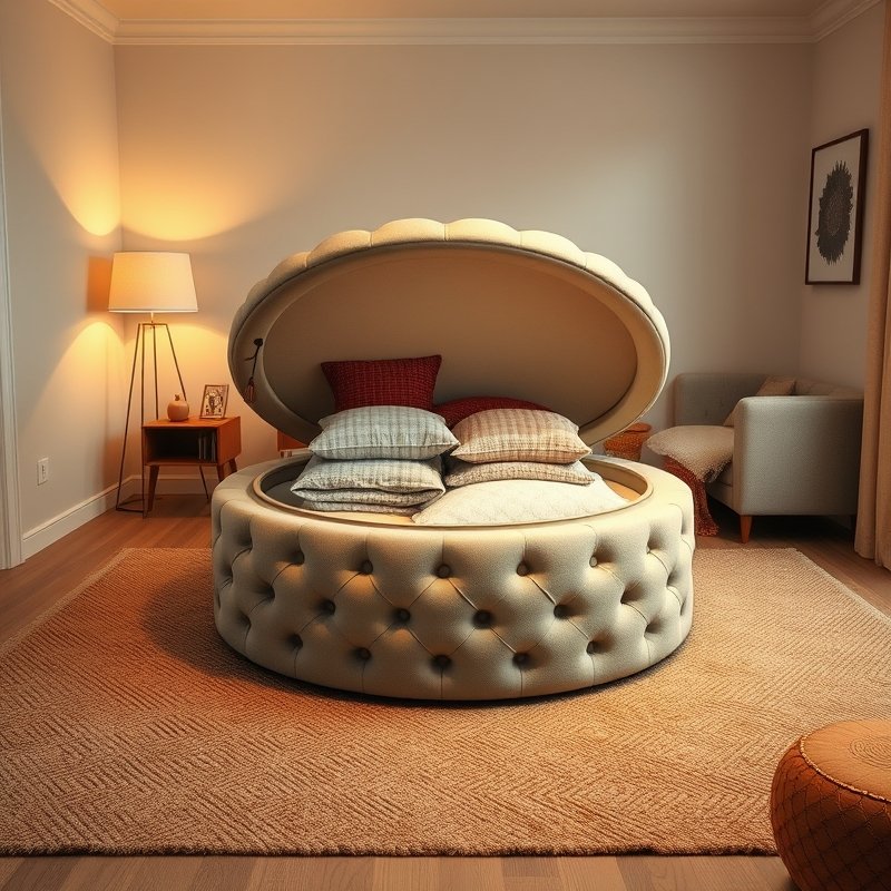 18 Living Room and Bedroom Combo Ideas That Save Space Without Sacrificing Style Try These Now 10 large round tufted ottoman with lid open showing blankets inside, in a cozy room