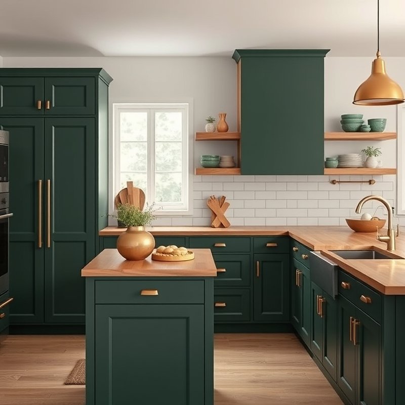 19 Cozy Kitchen Ideas That Make Your Space Feel Warm and Inviting You Must Try These 5 deep green kitchen cabinets with warm brass hardware in a cozy kitchen