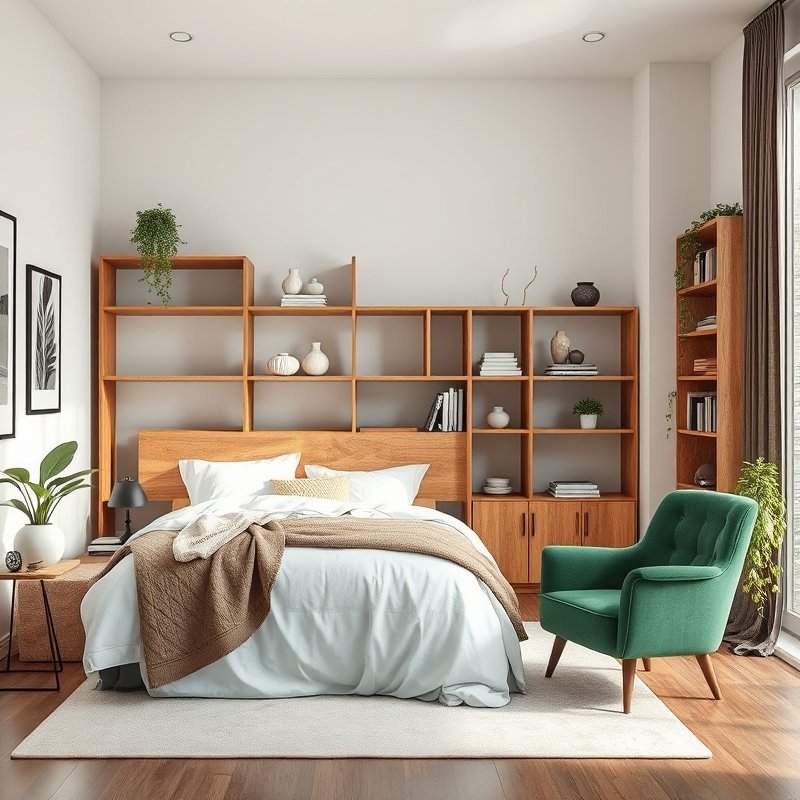 18 Living Room and Bedroom Combo Ideas That Save Space Without Sacrificing Style Try These Now 7 open back shelving unit separating a bed from a living area, styled with books and plants