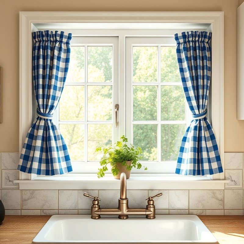 14 Cottage Kitchen Ideas That Create a Charming, Rustic, and Timeless Look Get Inspired Today 12 gingham curtains on a small kitchen window above a sink