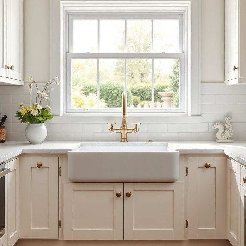 white farmhouse apron-front sink with a brushed brass faucet, set into white shaker base cabinets under a window