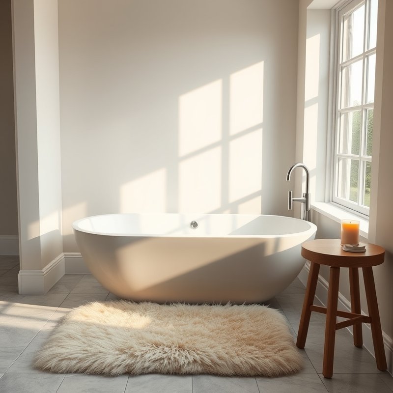 19 Cozy Bathroom Ideas That Make Your Space Feel Warm, Relaxing, and Inviting Try These Today 6 a thick faux-fur rug in front of a modern bathtub, soft and plush