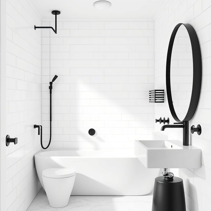 White bathroom with matte black faucet, mirror frame, and towel hook for crisp contrast