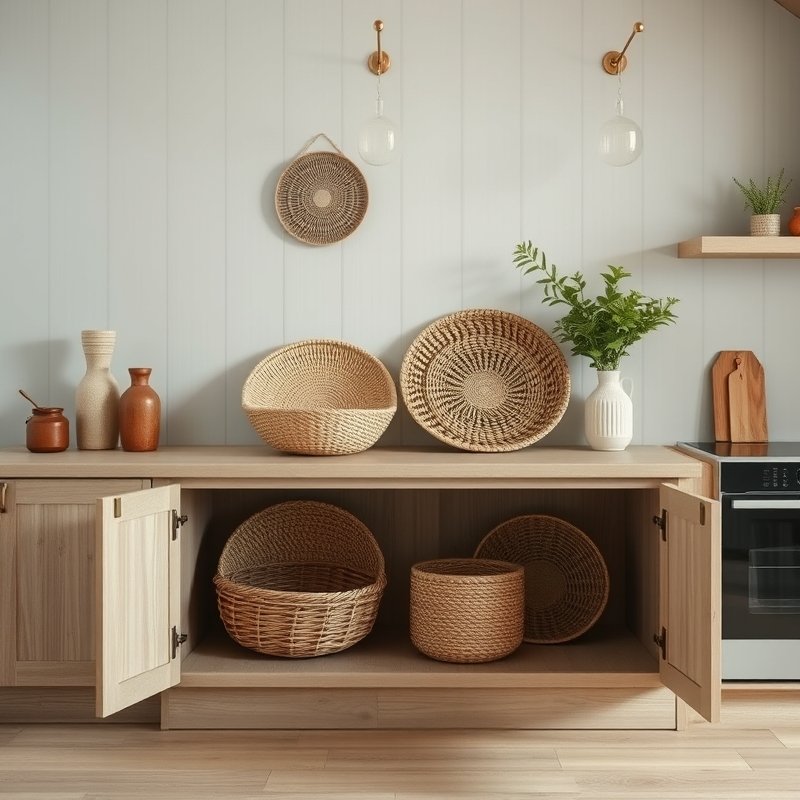 21 Japandi Kitchen Ideas That Blend Minimalist Style With Natural Calm Start Styling Now 17 open lower shelf with large woven seagrass baskets holding kitchen items