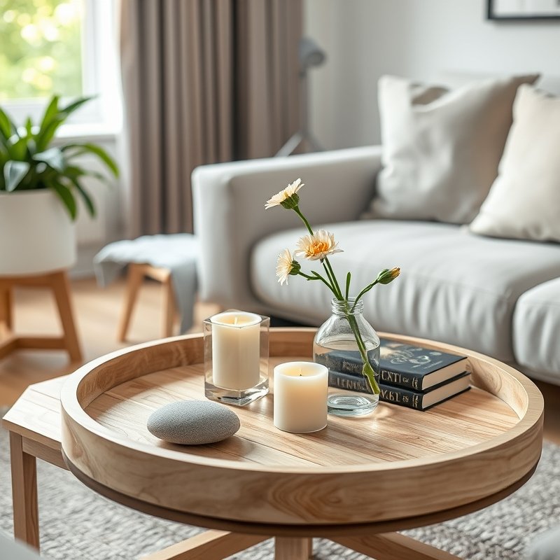 round wooden tray holding a small vase, candle, and a smooth stone