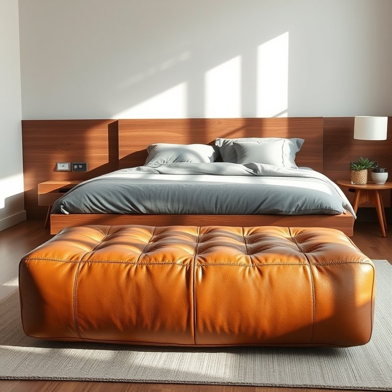 20 Bedroom Ideas for Men 2026 That Look Modern, Clean, and Ultra Stylish Upgrade Your Space 12 leather pouf at foot of bed in modern bedroom
