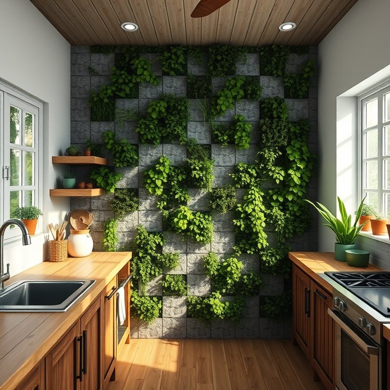 Minecraft kitchen with a vertical garden wall made from dried kelp blocks