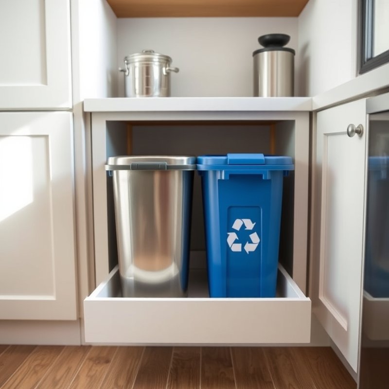 kitchen pull-out drawer with a narrow trash and recycling bin system