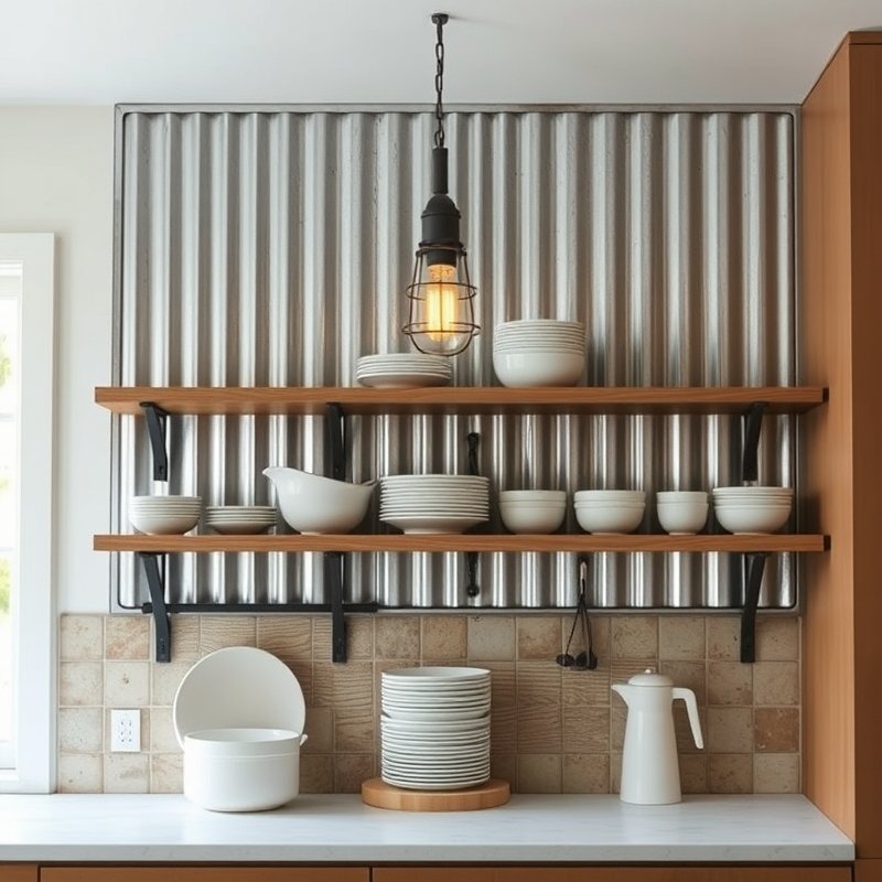 21 Modern Farmhouse Kitchen Ideas That Blend Rustic Charm With Modern Style Get Inspired Now 22 corrugated metal accent wall behind open shelves in a kitchen