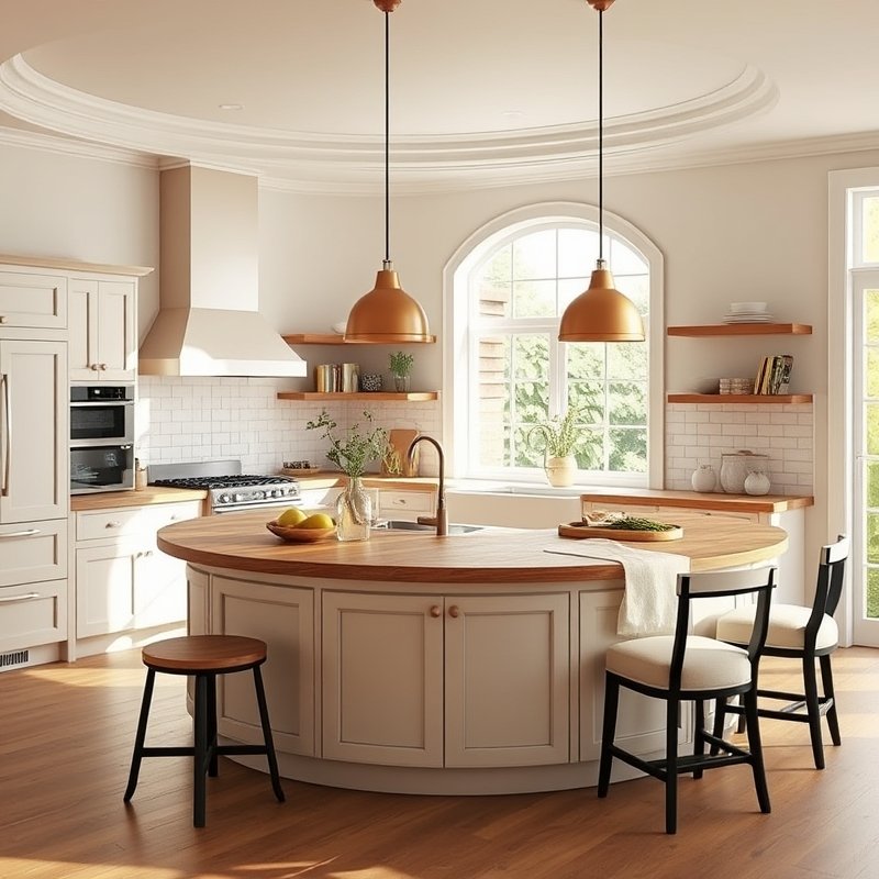22 Island Kitchen Ideas That Add Style, Storage, and Function Upgrade Your Space Today 4 round kitchen island with curved banquette seating in muted linen