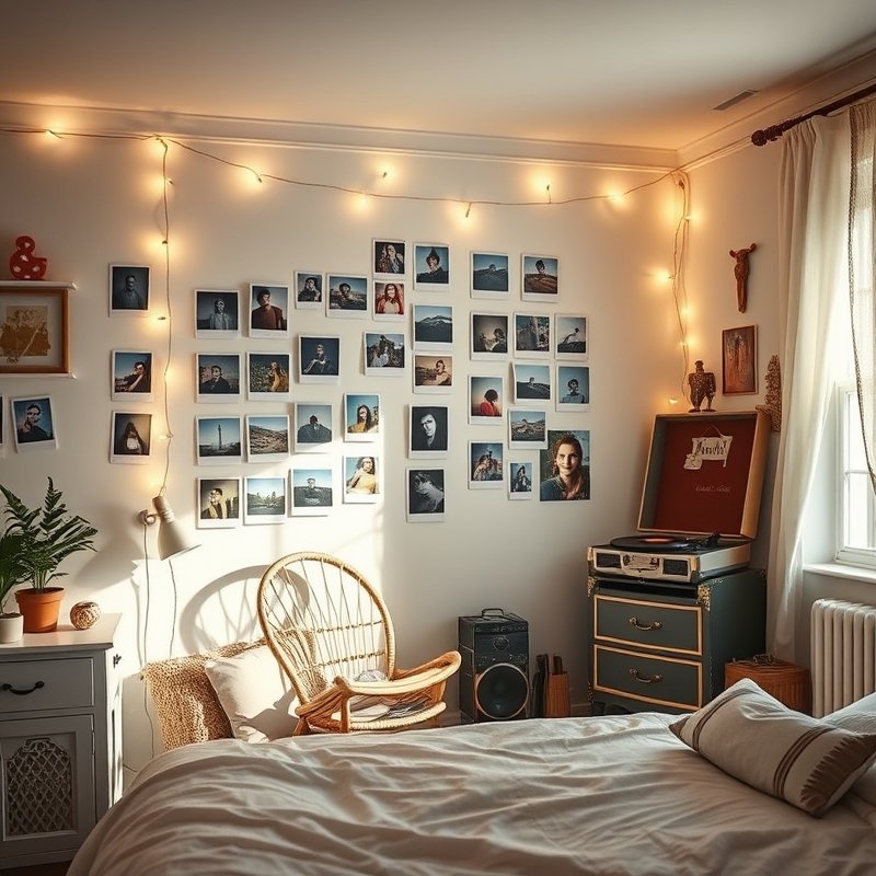 22 Teen Bedroom Ideas That Look Trendy, Cozy, and Pinterest Perfect Start Your Room Makeover 16 Mini gallery wall of Polaroid photos with fairy lights and vintage chair