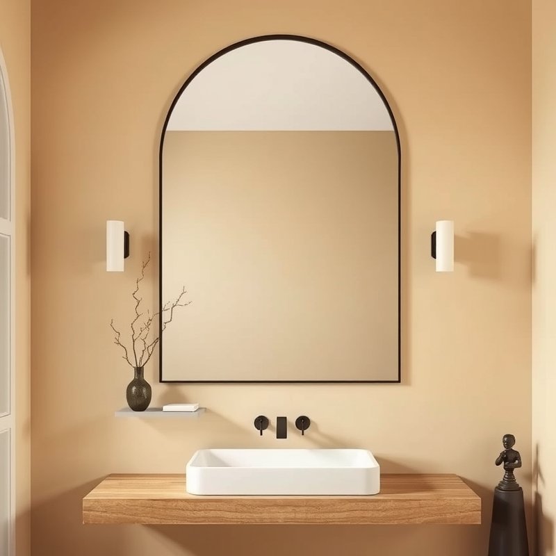 19 Cozy Bathroom Ideas That Make Your Space Feel Warm, Relaxing, and Inviting Try These Today 9 a large arched mirror with a slim black metal frame above a vanity