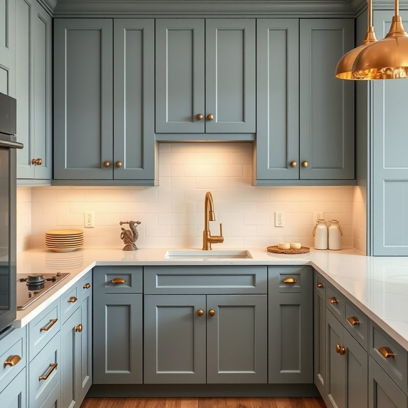 dusty blue shaker cabinets with multiple brass handles and knobs, white counter