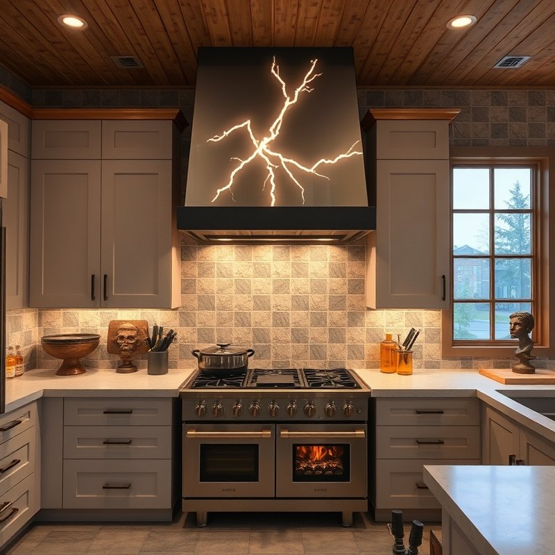 Minecraft kitchen with a lightning rod used as a modern range hood above the furnace