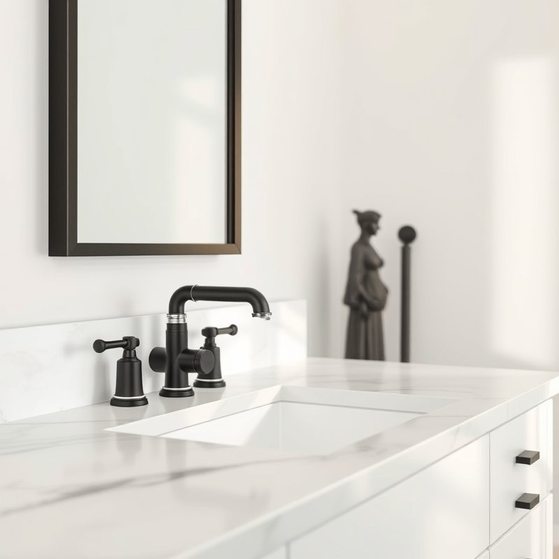 23 Modern Luxury Bathroom Ideas That Create a Sleek and Elegant Retreat You’ll Love This 10 matte black faucet against white marble in bathroom