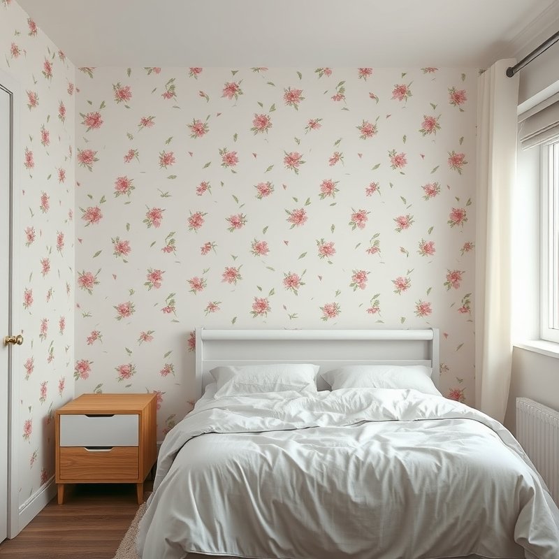 accent wall with delicate removable floral wallpaper in a small bedroom