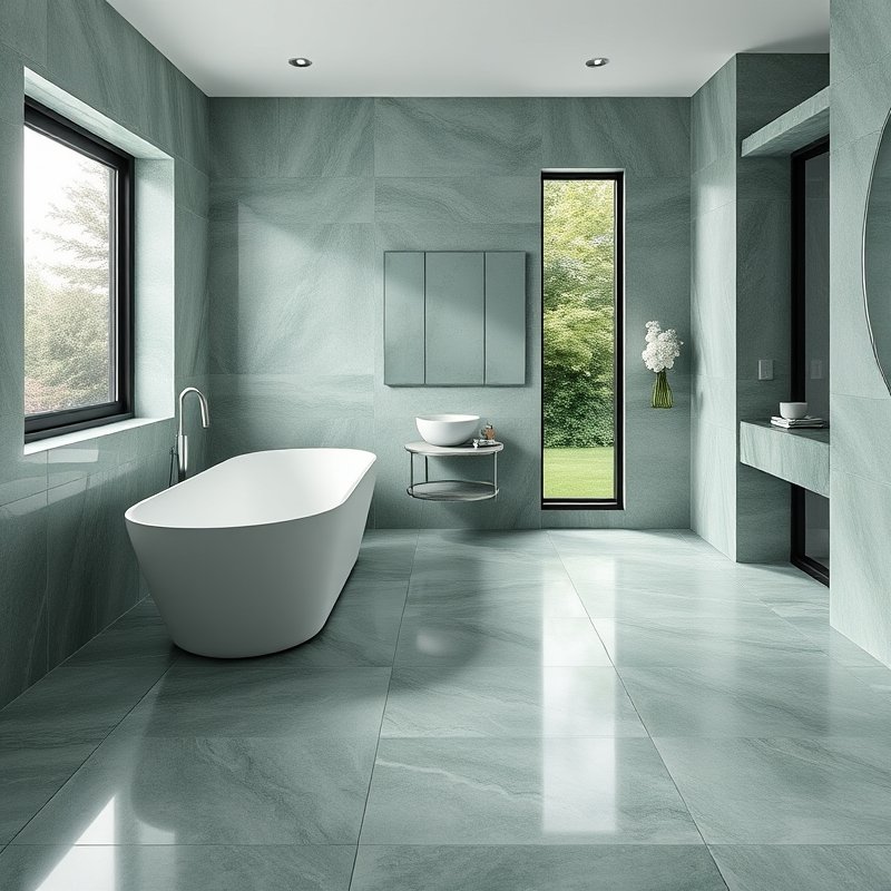 19 Green Tile Bathroom Ideas That Bring Fresh Nature Vibes and Texture Try This Look Now 8 green marble-look large tile bathroom wall and floor