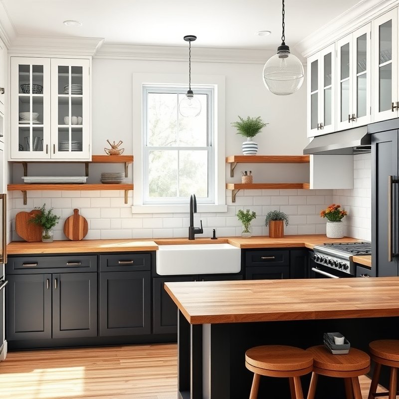 two-tone kitchen with black base cabinets and white upper cabinets, warm wood countertops