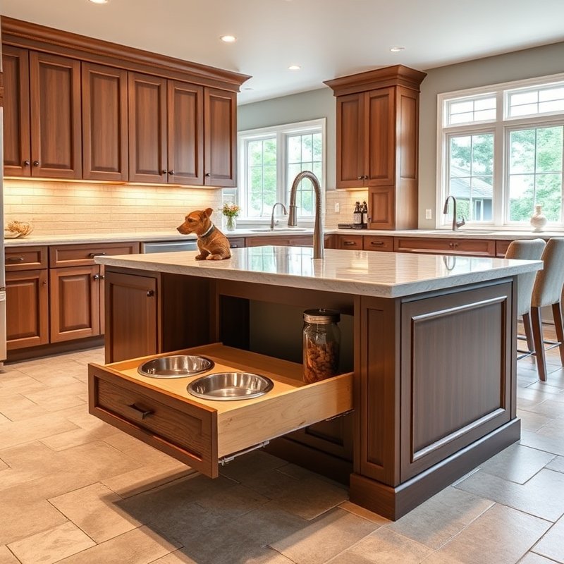 22 Island Kitchen Ideas That Add Style, Storage, and Function Upgrade Your Space Today 19 kitchen island with pull-out drawer containing dog bowls and treats