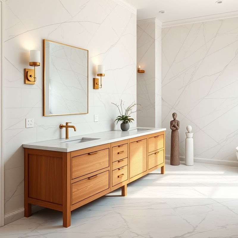 custom built-in bathroom vanity with dual sinks and marble countertop