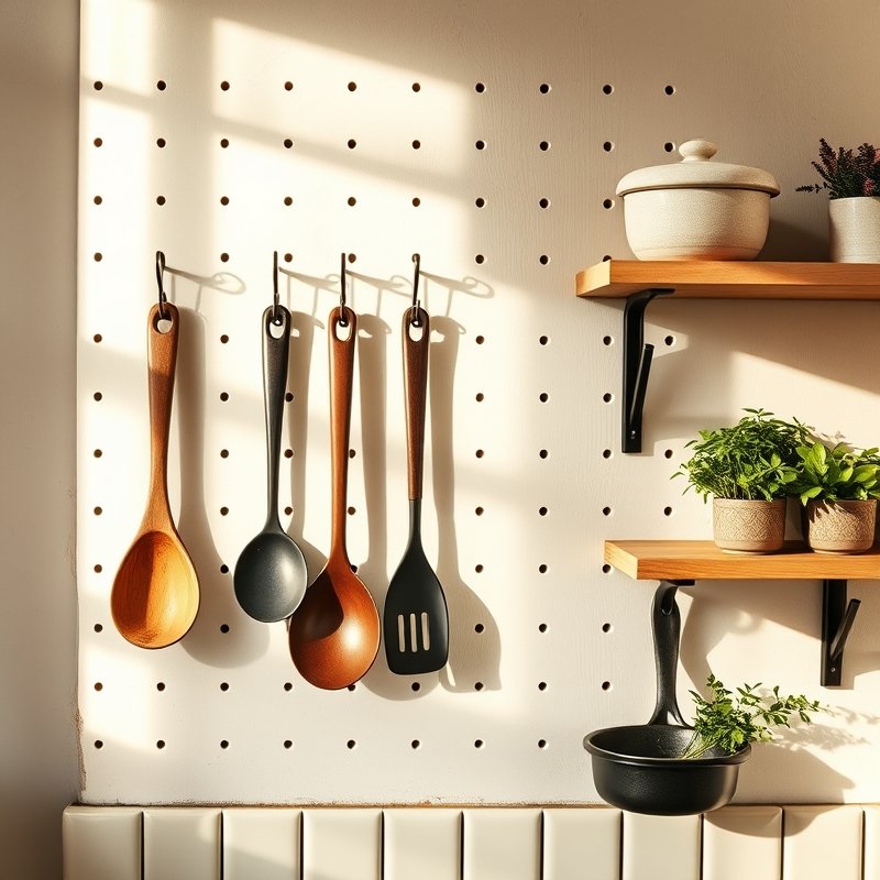 21 Kitchen Organization Ideas That Declutter Your Space and Make Cooking Easier Try These Now 10 kitchen pegboard with hanging ladles, small pans, and measuring spoons