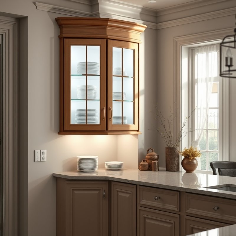 24 Kitchen Cabinets Ideas That Maximize Storage and Elevate Your Space Upgrade Your Kitchen Today 17 corner kitchen cabinet with glass doors and warm interior lighting