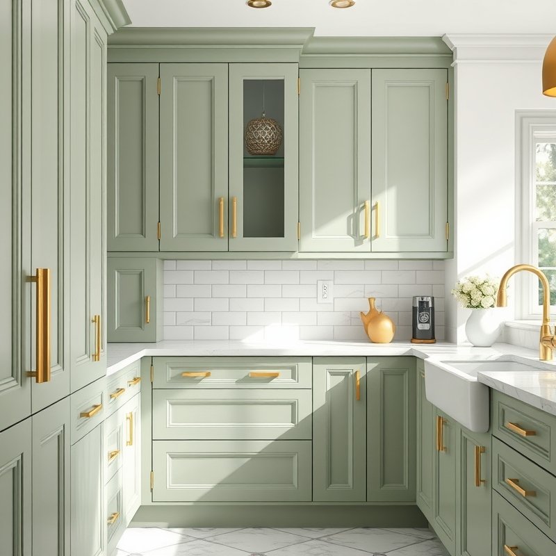20 Green Kitchen Ideas That Bring Fresh, Natural Vibes Into Your Home Try This Look Now 2 Sage green kitchen cabinets with gold handles and marble countertops