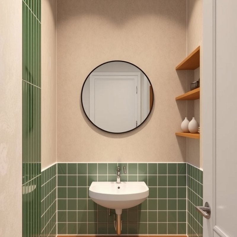 19 Green Tile Bathroom Ideas That Bring Fresh Nature Vibes and Texture Try This Look Now 15 vertical green tile strip framing round bathroom mirror