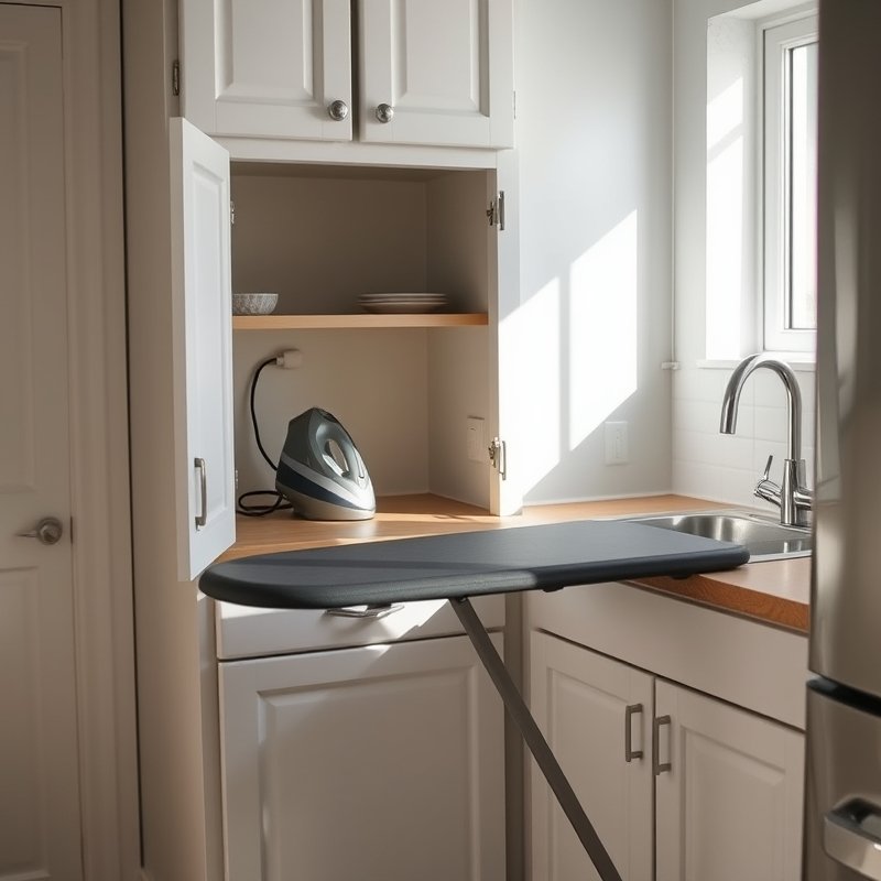 kitchen lower cabinet opened to reveal built-in folding ironing board