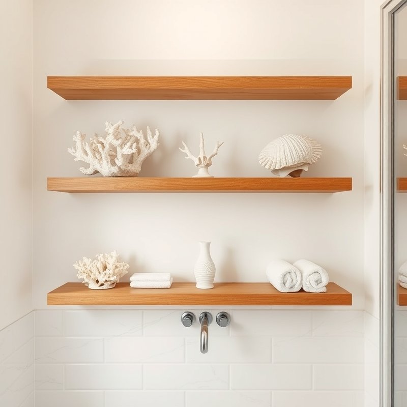 21 White Bathroom Ideas That Make Your Space Feel Clean, Bright, and Luxurious Start Today 13 open bathroom shelving with white coral and seashell decorations