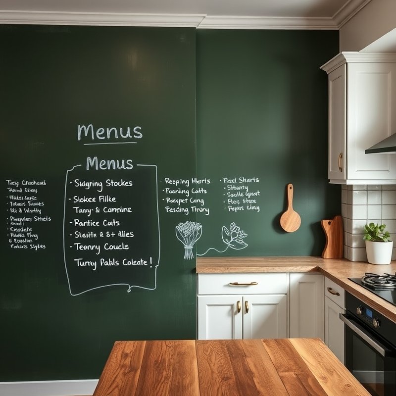 20 Green Kitchen Ideas That Bring Fresh, Natural Vibes Into Your Home Try This Look Now 18 Dark green chalkboard wall in a kitchen with handwritten menus