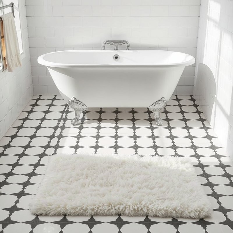 24 Black and White Bathroom Ideas That Create a Timeless, Elegant Look You Must Try 20 white encaustic-look floor tiles with black trellis grid pattern