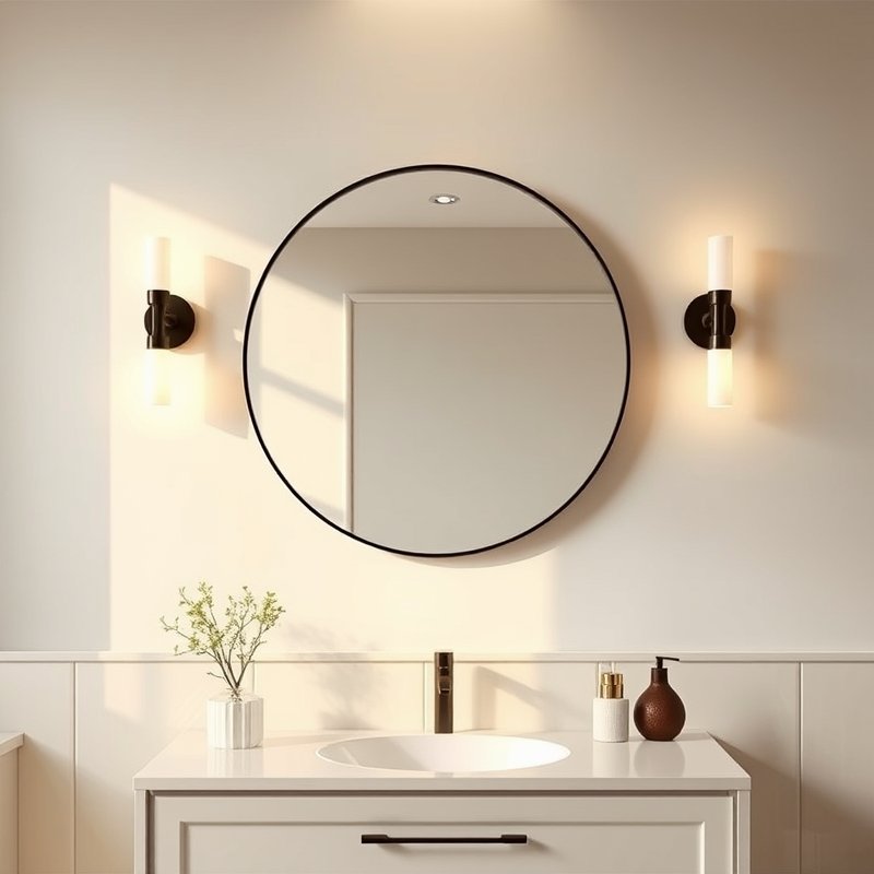 23 Black Bathroom Ideas That Look Bold, Modern, and Ultra Stylish Upgrade Your Space Today 11 bathroom vanity with large round black framed mirror and sconces