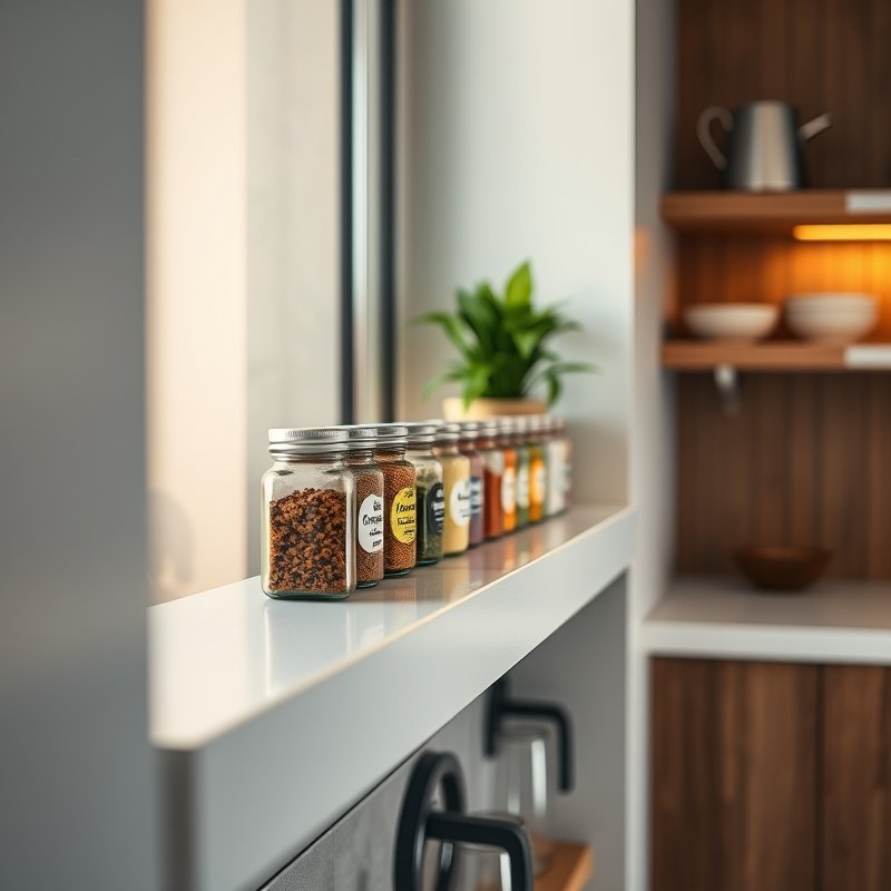 19 Cozy Kitchen Ideas That Make Your Space Feel Warm and Inviting You Must Try These 20 open spice jars arranged on a kitchen ledge with a small plant