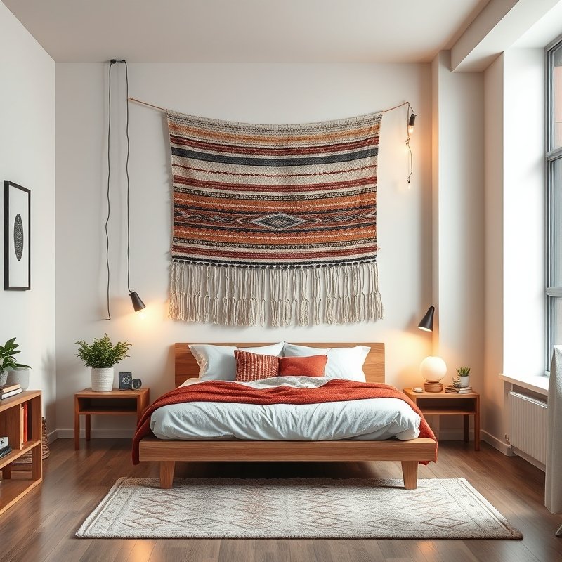 boho bedroom with a large woven tapestry behind the bed instead of a headboard