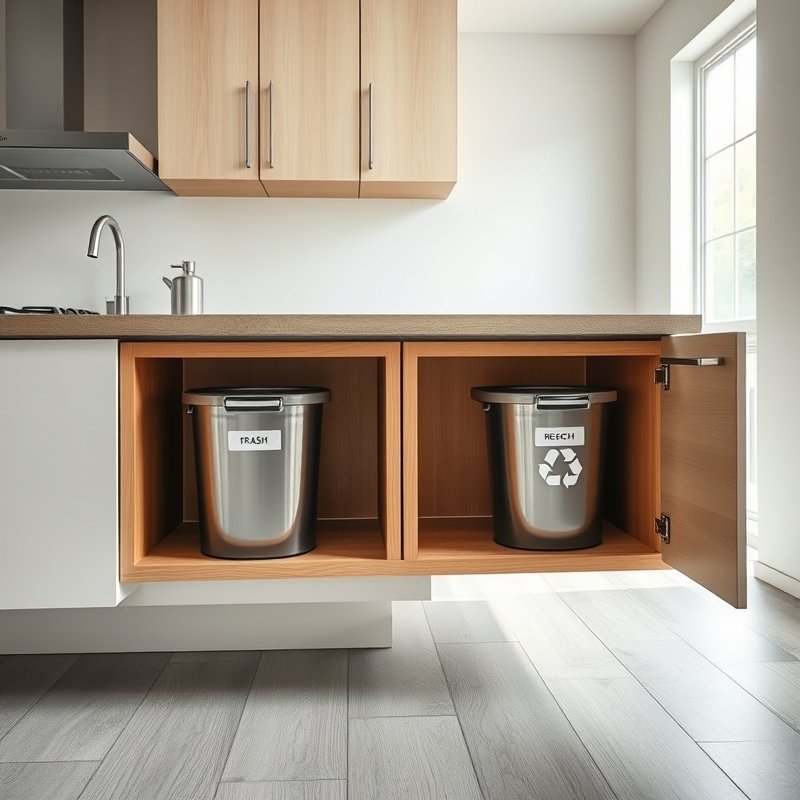21 Kitchen Organization Ideas That Declutter Your Space and Make Cooking Easier Try These Now 11 open lower cabinet with pull-out system holding two bins for trash and recycling
