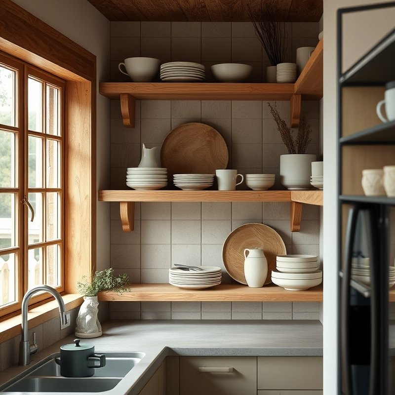 21 Japandi Kitchen Ideas That Blend Minimalist Style With Natural Calm Start Styling Now 4 open wooden shelves displaying simple beige ceramic bowls and cups