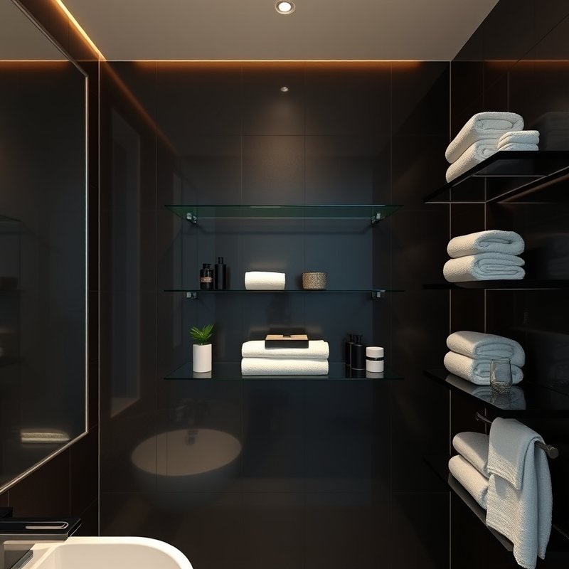 23 Black Bathroom Ideas That Look Bold, Modern, and Ultra Stylish Upgrade Your Space Today 12 bathroom with black glass shelves displaying white towels and decor