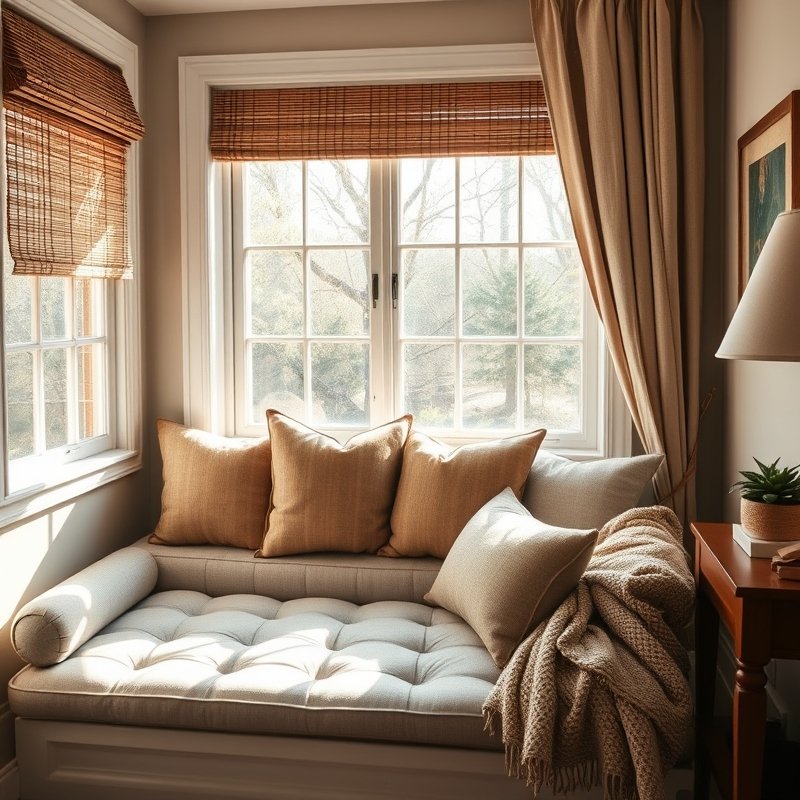window seat in a boho bedroom with large bolsters, patterned cushions and a throw