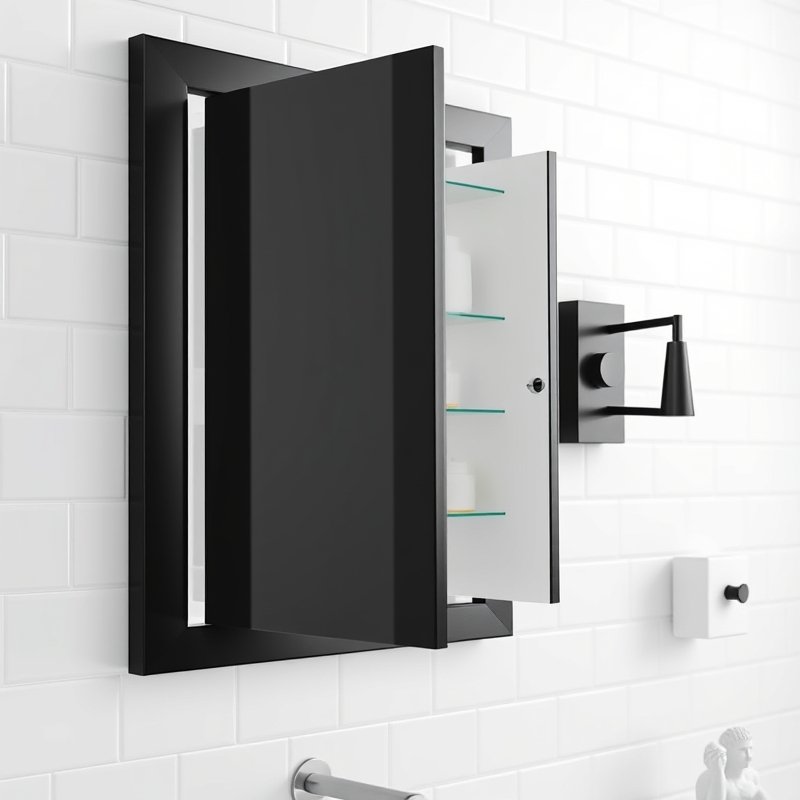 24 Black and White Bathroom Ideas That Create a Timeless, Elegant Look You Must Try 14 black recessed medicine cabinet opened to reveal white interior