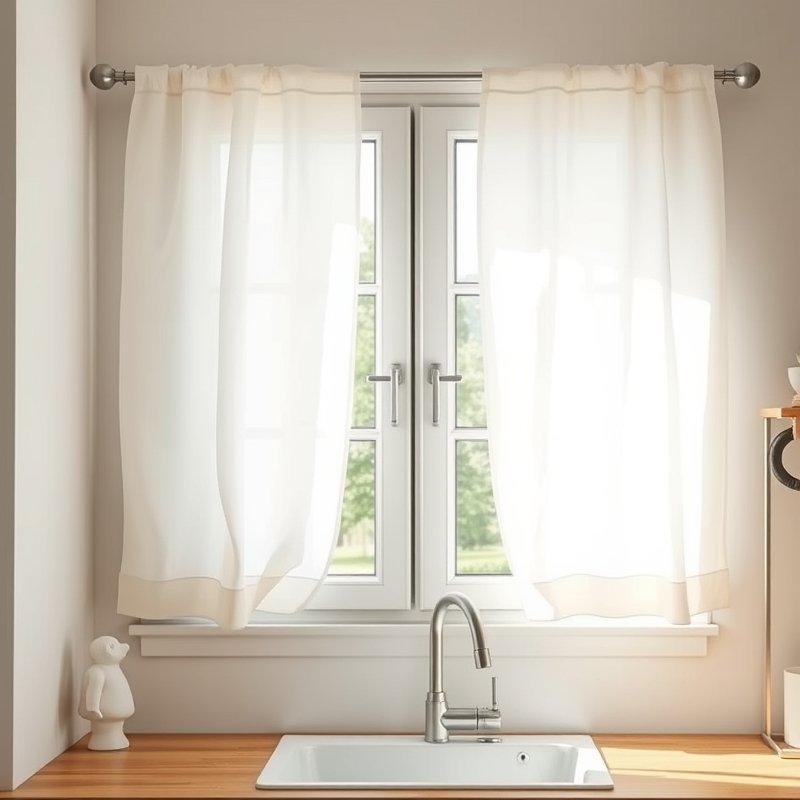 21 Japandi Kitchen Ideas That Blend Minimalist Style With Natural Calm Start Styling Now 9 kitchen window with flowing off-white linen curtains framing a wooden counter
