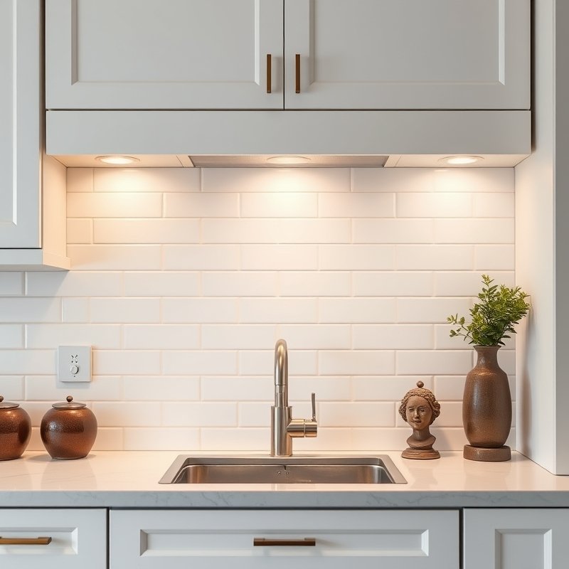 white kitchen backsplash in matte white subway tile laid in a herringbone pattern, with light gray grout and under-cabinet lighting