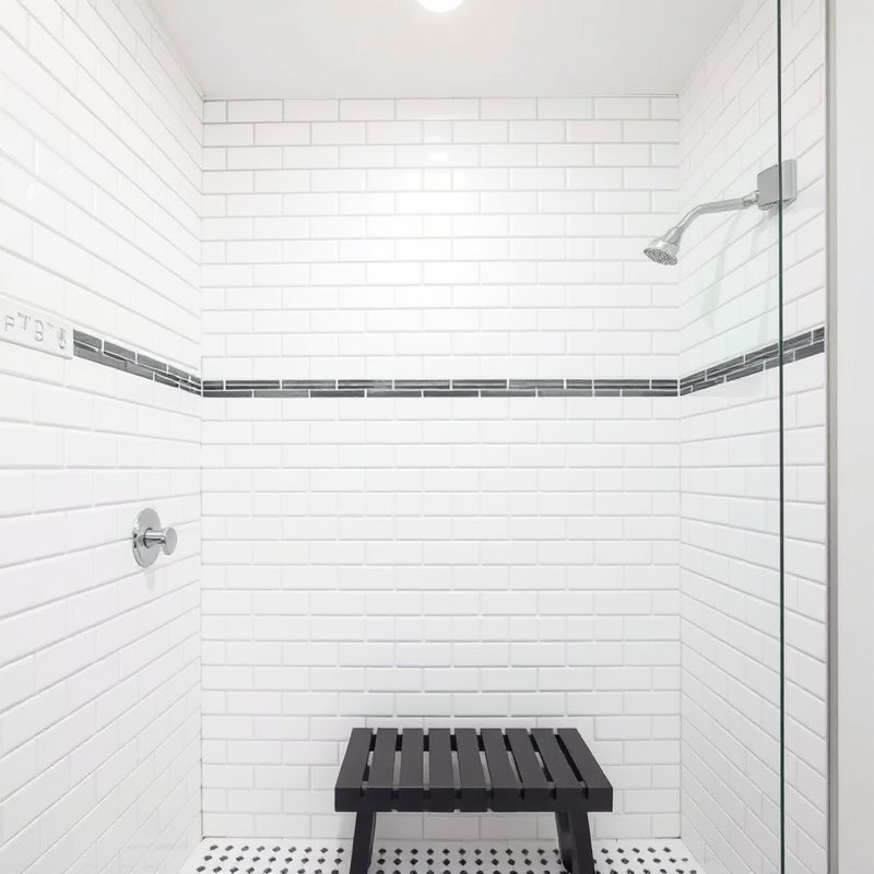 24 Black and White Bathroom Ideas That Create a Timeless, Elegant Look You Must Try 15 white subway tile shower wall with a single black horizontal line of tile