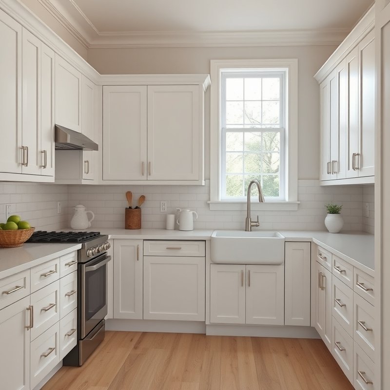 kitchen with full-height white shaker cabinets reaching the ceiling, polished nickel hardware, and light wood floors
