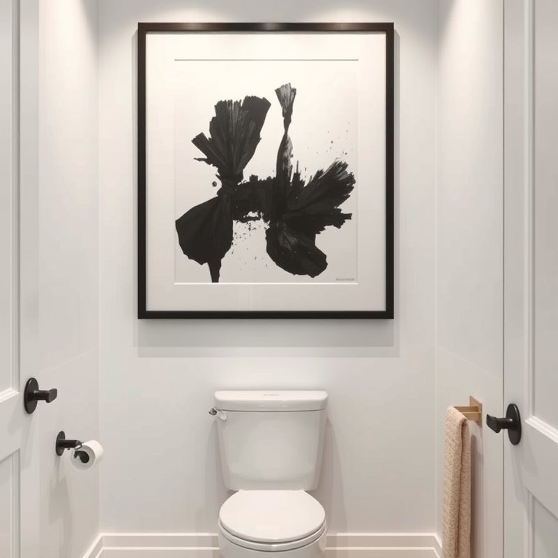 23 Black Bathroom Ideas That Look Bold, Modern, and Ultra Stylish Upgrade Your Space Today 22 bathroom with large black framed abstract art above toilet