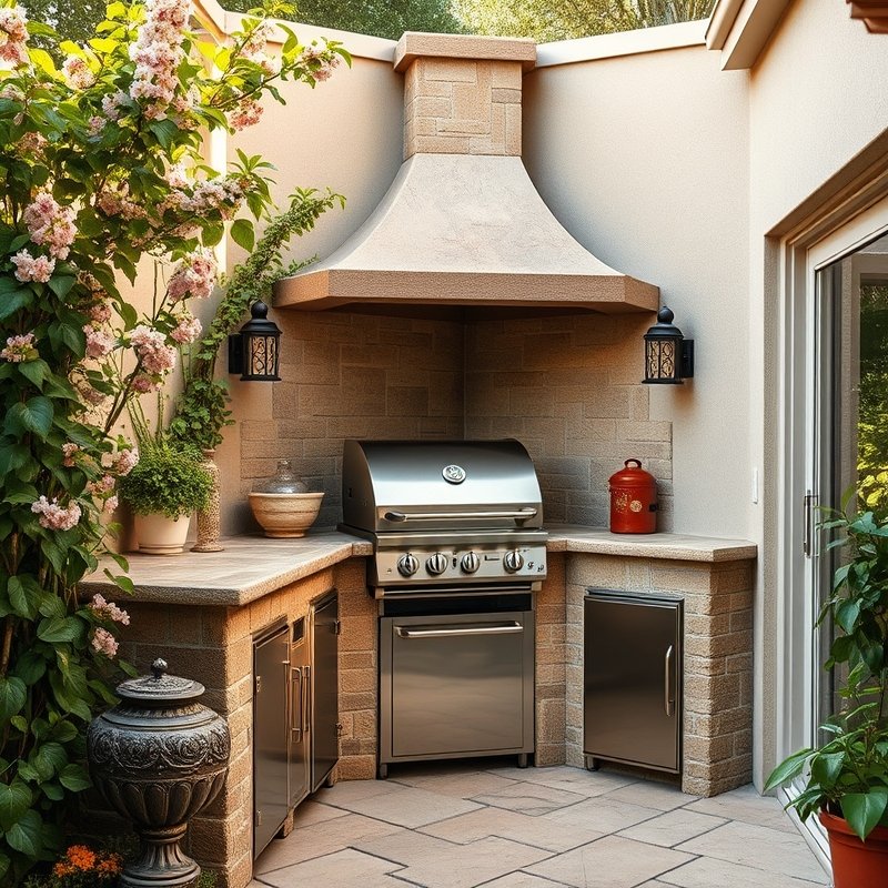 23 Kitchen Outdoor Ideas That Create the Perfect Backyard Cooking Space Start Designing Today 18 corner built-in grill with rotisserie burner in a stone outdoor kitchen