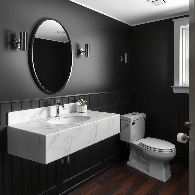 24 Black and White Bathroom Ideas That Create a Timeless, Elegant Look You Must Try 4 bathroom with black wainscoting and white marble vanity top